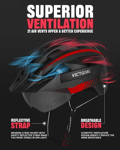 Miniatura 3 de VICTGOAL Casco de bicicleta con luz trasera recargable por USB, gafas magnéticas desmontables, visera solar extraíble, cascos de bicicleta