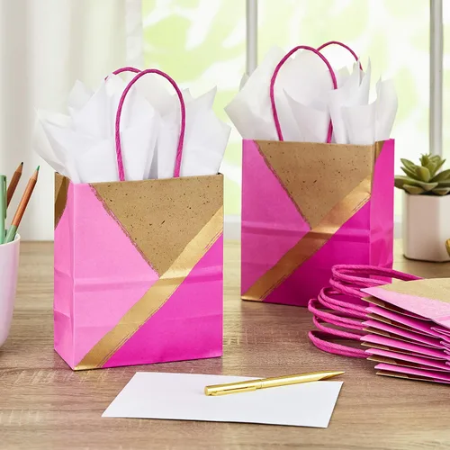 Miniatura 2 de Hallmark Bolsas de regalo pequeñas de papel de 6 pulgadas, paquete de 8 (rosa y kraft) para Navidad, cumpleaños, día de la madre, bodas, baby