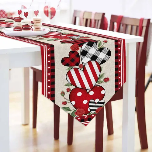 Miniatura 3 de Camino de mesa de corazón de amor para el día de San Valentín, camino de mesa de arpillera antideslizante, decoración retro de lino para casa