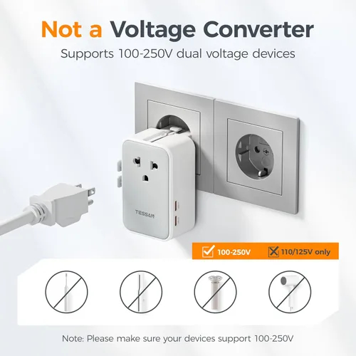 Miniatura 6 de TESSAN Adaptador de viaje universal PD 25W, adaptador de corriente internacional ultrafino, cargador rápido, adaptador de enchufe mundial con 2 USB