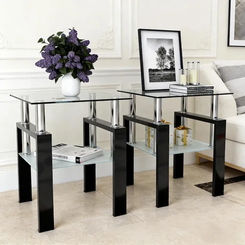 Miniatura 11 de Mesa auxiliar pequeña de cristal, mesa auxiliar blanca de 2 niveles con patas de metal, mesa auxiliar cuadrada, elegante y resistente para espacios