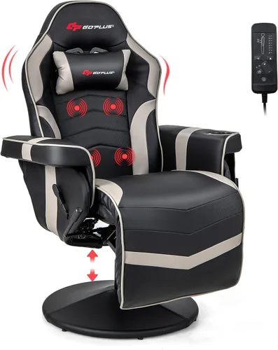 Goplus - Silla gamer con masaje, altura ajustable, para videojuegos, con reposapiés retráctil, soporte para tazas, reposacabezas, silla giratoria de