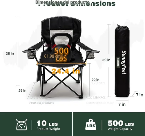Miniatura 2 de SUNNYFEEL Silla de campamento plegable de gran tamaño de 500 LBS, sillas de jardín resistentes para adultos, color negro, portátil, plegable