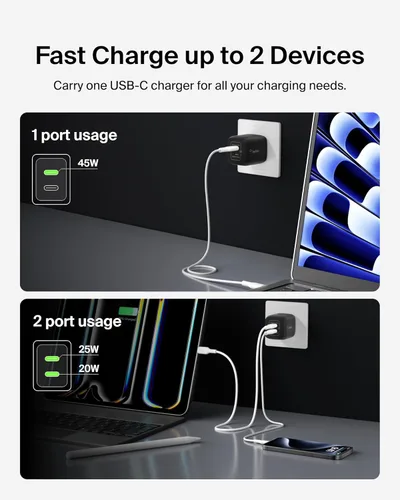 Miniatura 3 de Belkin Bloque de cargador USB C dual de 45 W, PD3.0 con GaN - Carga súper rápida - Samsung Galaxy S25, Apple iPhone 17, Air, Pro, Pro Max, iPad