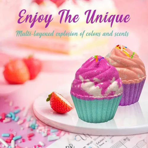 Miniatura 6 de Bombas de baño para niños con joyas sorpresa en el interior, juego de regalo de 8 bombas de baño de cupcakes para niñas, bolas efervescentes hechas