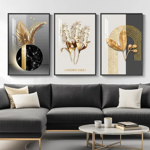 Miniatura 17 de Arte de pared moderno enmarcado en blanco y negro, 3 piezas de impresiones contemporáneas grandes para paredes, juego de 3 imágenes de hojas doradas