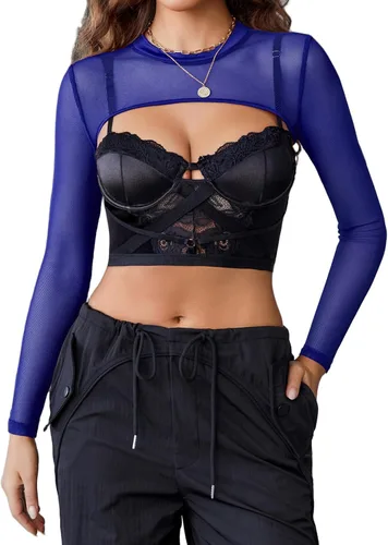 Avidlove Camiseta corta de malla para mujer, cuello alto falso, manga larga, transparente, sexy, ropa de club