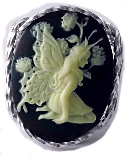 Butterfly Large Cameo Sterling Silver Ring Black Jewelry (11.5)