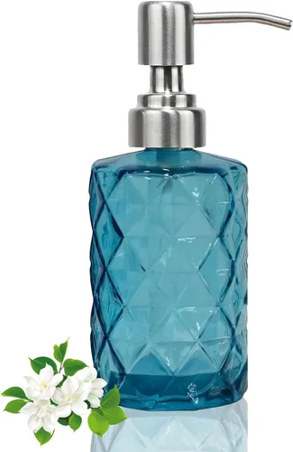 Miniatura 12 de Dispensador de jabón verde de 14 onzas para baño, paquete de 2, dispensadores de jabón de manos de vidrio transparente con bomba de acero