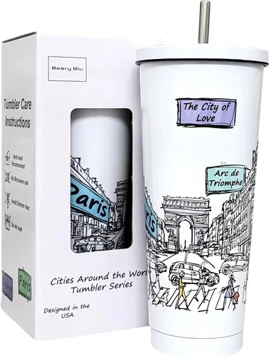 Miniatura 29 de Cities Around the World - Serie de vasos de 25 onzas – Diseñado en los Estados Unidos, vaso aislado al vacío con tapas y pajilla, taza de acero