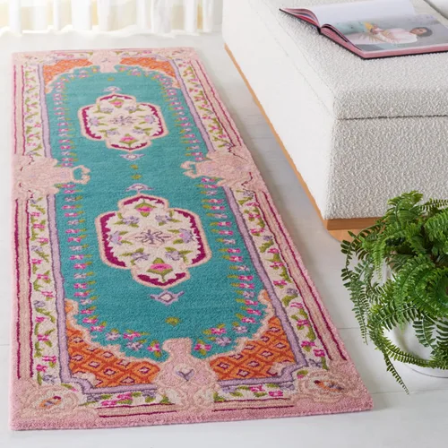 Miniatura 41 de SAFAVIEH Bellagio Collection - Alfombra decorativa de 2 x 3 pies, azul y rosa, hecha a mano de lana de medallón, ideal para zonas de alto tráfico