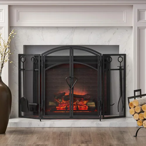 Miniatura 2 de Christopher Knight Home Darlene - Pantalla plegable de hierro moderno para chimenea con puerta y herramientas, color negro mate