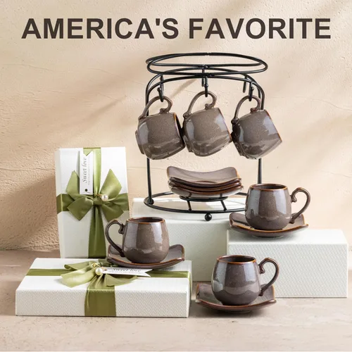 Miniatura 4 de LYEOBOH Juego de 6 tazas de café expreso de 3 onzas con platillos, tazas de café pequeñas de cerámica con soporte y cucharas, lindas tazas demitasse