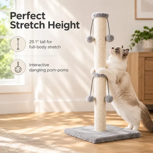 Miniatura 6 de Dimaka - Rascador de gatos de 29 pulgadas con cuerda de sisal natural, rascador para garras de gatitos con 4 bolas de juguete colgantes para gatos