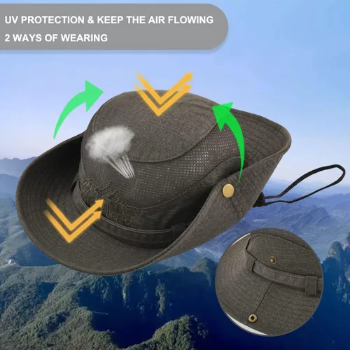 Miniatura 3 de Sombrero de sol para hombre, bordado de algodón, para verano, protección solar, ala ancha, plegable, estilo safari, boonie Verde militar