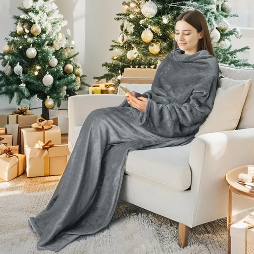 Miniatura 2 de Catalonia Manta Vestible con Mangas y Bolsillo, Suave y Acogedora Manta Envolvente de Vellón de Microfelpa Tipo Visón Estilo Bata para Mujeres y Gris