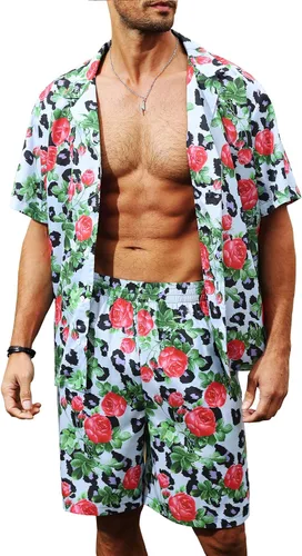 LUCKYOUNG Conjunto de camisa hawaiana y pantalón corto para hombre, 2 piezas, camisa de manga corta con botones, trajes de vacaciones en la playa