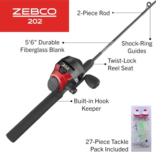 Miniatura 2 de Zebco Zebco 202 Spincast Reel and Fishing Rod Combo, Pre-Spooled with 10-Pound Cajun Line, Includes Tackle Kit Negro/Rojo