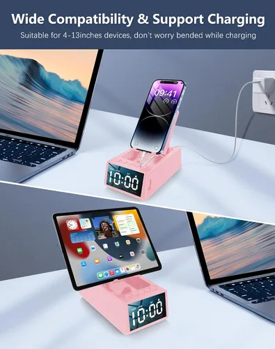 Miniatura 5 de Regalos de cumpleaños para mujeres, soporte de teléfono con altavoz Bluetooth con sonido y reloj HD, soporte inalámbrico ajustable para teléfono Rosa