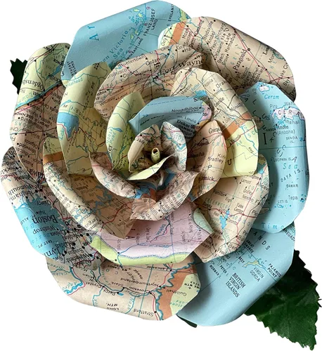 Miniatura 7 de Flores de papel de mapa hechas a mano, rosa de papel hecha a partir de páginas del Atlas Mundial recicladas, regalos para amantes de los viajes
