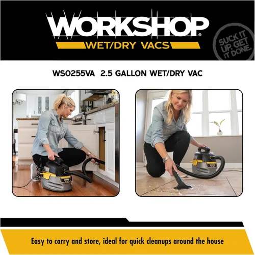 Miniatura 4 de WORKSHOP Wet/Dry Vacs Aspiradora de taller WS0255VA, 2.5 galones, 1.75 pico HP, aspiradora portátil para húmedo y seco con bolsa de filtro, manguera