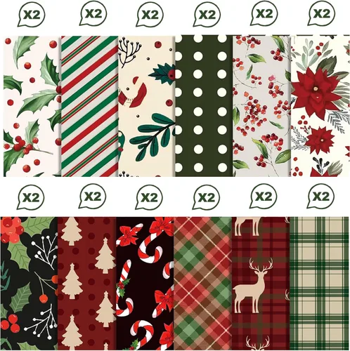 Miniatura 4 de 24 hojas de papel de álbum de recortes con patrón navideño, 12 x 12 pulgadas, doble cara, rojo y verde, texturizado, floral, papel plegable