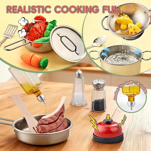 Miniatura 3 de Accesorios de Cocina de Juguete, Juego de Cocina de Acero Inoxidable Grande para Niños Pequeños, Juego de Cocina Infantil con Alimentos de Juguete
