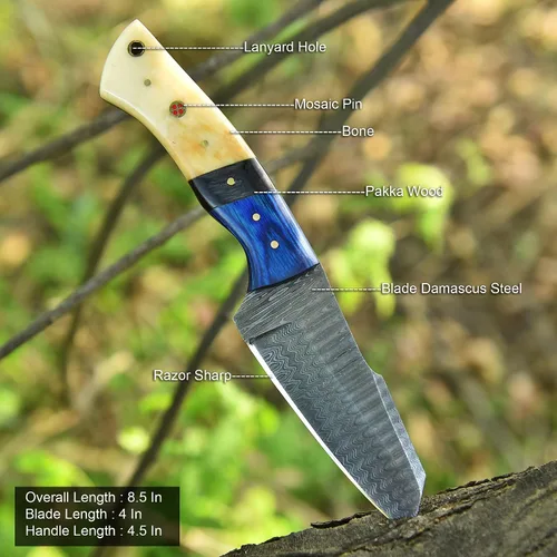 Miniatura 2 de Cuchillo de caza de acero de Damasco forjado a mano – Cuchillo de caza táctico EDC de hoja fija de 8 pulgadas para desollar y funda de cuero