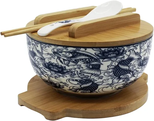 Miniatura 2 de XWORLD Juego de cuencos de cerámica japonesa para fideos ramen con cuchara de cerámica, palillos de bambú, tapa y salvamanteles, capacidad