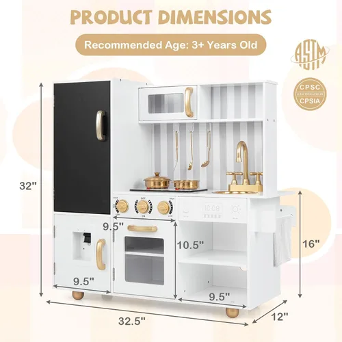 Miniatura 6 de Costzon Cocina de Juguete para Niños, Juego de Cocina de Madera con Estufas, Microondas, Pizarra, Dispensador de Agua, Accesorios de Cocina, Juego
