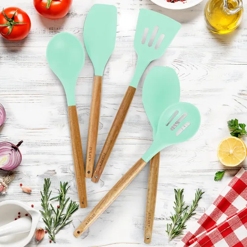 Miniatura 7 de Zulay Kitchen Juego de utensilios de cocina antiadherentes con auténticas asas de madera de acacia, juego de utensilios de cocina de silicona Sky