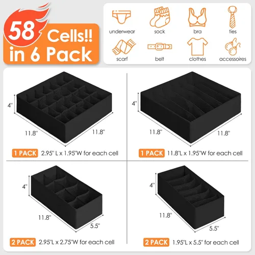 Miniatura 4 de Paquete de 6 organizadores de cajones para separar ropa interior y calcetines, con 58 celdas, organizadores de armario plegables de tela y Negro