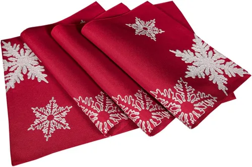 XD17141 Glisten - Manteles individuales de Navidad bordados con copos de nieve, 14 x 20 pulgadas, juego de 4, rojo