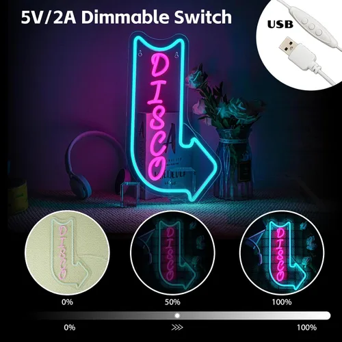 Miniatura 6 de Looklight Letreros de neón de disco para decoración de pared, letrero de luz LED rosa y azul, letrero de neón con letras iluminadas USB, letrero
