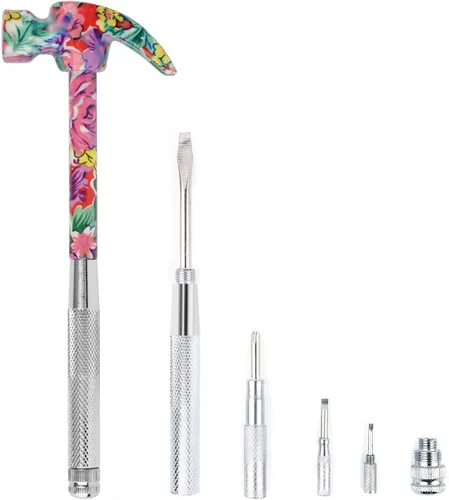 YOUMI Juego de herramientas multifuncional 6 en 1 con martillo floral y destornillador, martillo de garra con cabeza ranurada/plana, destornillador