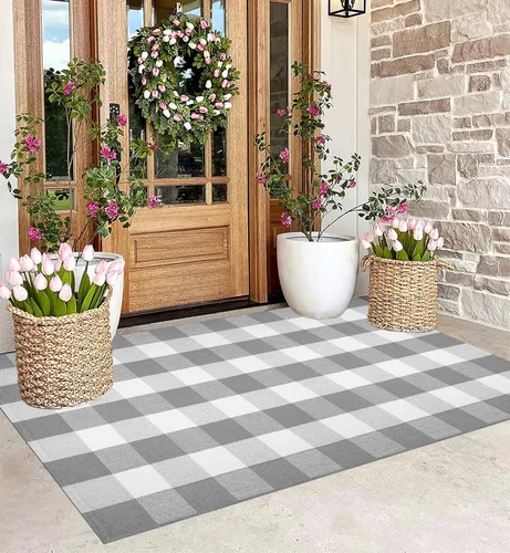 Miniatura 19 de Felpudo en capas blanco y negro de 24"x35" a cuadros búfalo de algodón lavable a máquina para porche delantero, cocina, casa de campo, entrada, baño