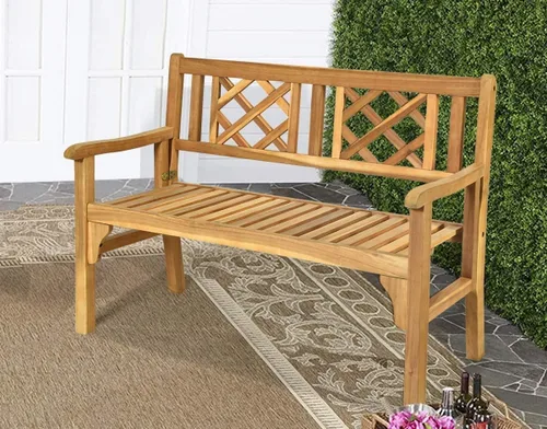 Miniatura 4 de HAPPYGRILL Banco de patio al aire libre, banco de jardín de madera de acacia con respaldo y reposabrazos, silla plegable de 4 pies para dos personas