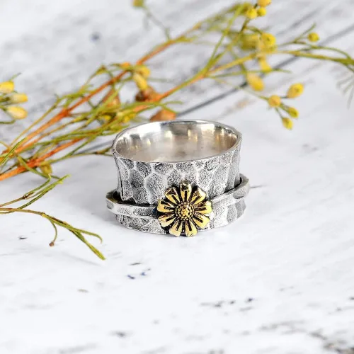 Miniatura 3 de Anillo giratorio de flores de margarita para mujeres, niñas, hombres, antiansiedad, gira libremente, inspiraciones, alivio del estrés, meditación