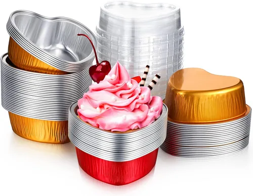 Miniatura 10 de Honeydak 100 juegos de moldes para hornear con forma de corazón, mini molde de aluminio de 3.4 onzas, lata desechable para cupcakes con tapas