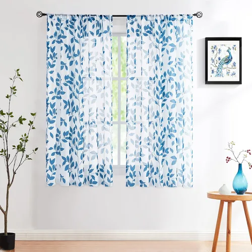 Miniatura 35 de Treatmentex Cortinas blancas y grises para dormitorio de 84 pulgadas de largo, cortinas semitransparentes con estampado de hojas para ventanas