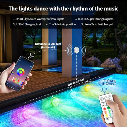 Miniatura 6 de Luz de piscina, 6 pulgadas, 25 LED RGB sumergible luz flotante Bluetooth APP Control, 4000mAh Rechargeable, IP68 Waterproof, Magnetic Mount, Above