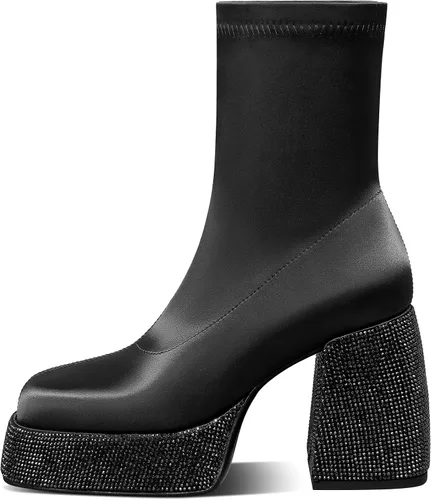 Miniatura 2 de USIMAD Platform Boots Chunky High Heels Boots for women Jeans Fold over Boots Round Toe Denim Boots with Side Zipper