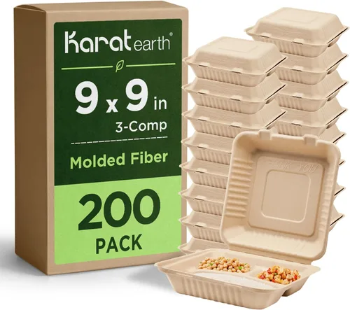 KARAT EARTH Clamshell - Recipientes de alimentos para llevar [9 x 9 pulgadas, 200 unidades] 3 compartimentos | Contenedores compostables para