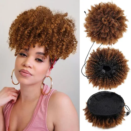 Miniatura 11 de Afro Puff Cola de caballo con cordón sintético corto rizado piña cola de caballo dona Chignon postizos peluca 4.06 oz Wrap Updo extensiones de 1b