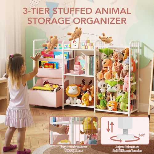 Miniatura 3 de BBLIKE Organizador de almacenamiento de animales de peluche 3 en 1, almacenamiento de juguetes con estantería para niños y soporte grande