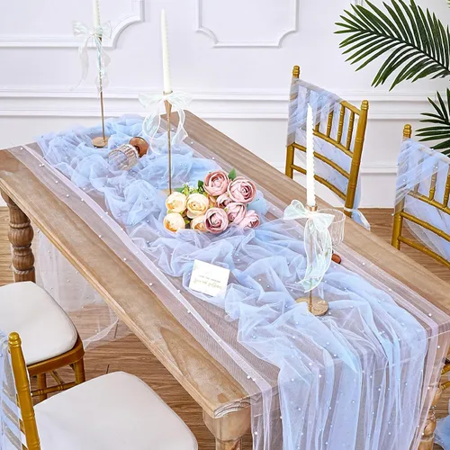 Miniatura 3 de LuoluoHouse Camino de Mesa de Perla para Centros de Mesa de Boda: Camino de Mesa de Perla de 10 pies, Decoración de Mesa de 29x120 Pulgadas de Tul