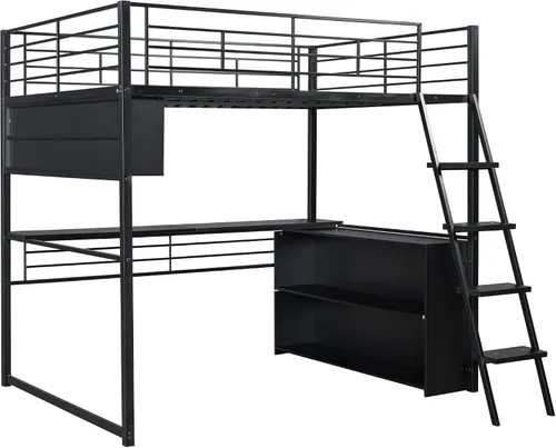 Miniatura 7 de P PURLOVE Cama tipo loft de tamaño matrimonial con escritorio para niños, cama alta de metal con LED y 4 estantes de almacenamiento, marco de cama