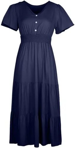 Miniatura 6 de Vestidos de regreso a casa para mujer, con botones sólidos, cuello en V, longitud de la cintura, vestido casual de verano, vestido grueso, S-XL