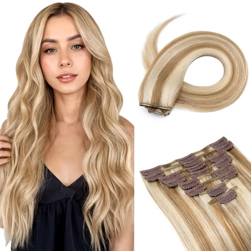 Benehair Extensiones de cabello humano con clip, balayage, mezcla de castaño dorado con mechas rubio decolorado, extensiones de cabello para
