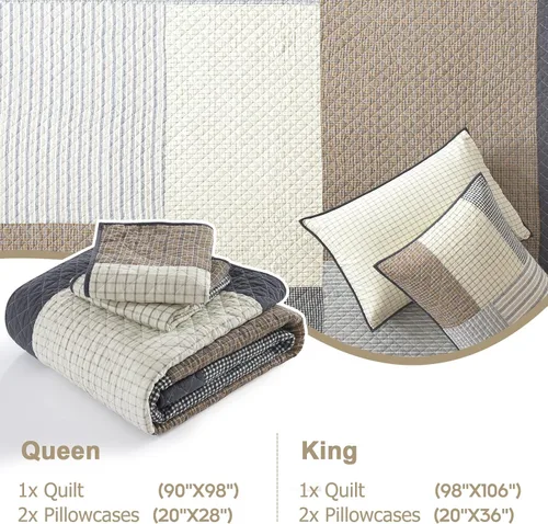 Miniatura 5 de Finlonte Colcha Tamaño King 100% Algodón Ligera Suave Colcha King de Patchwork Real a Cuadros Acolchada Cubrecama Marrón Beige Gris Colcha